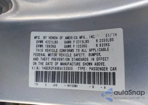 2014 Honda Accord Ex-L from USA, damaged, VIN 1HGCR2F89EA133905